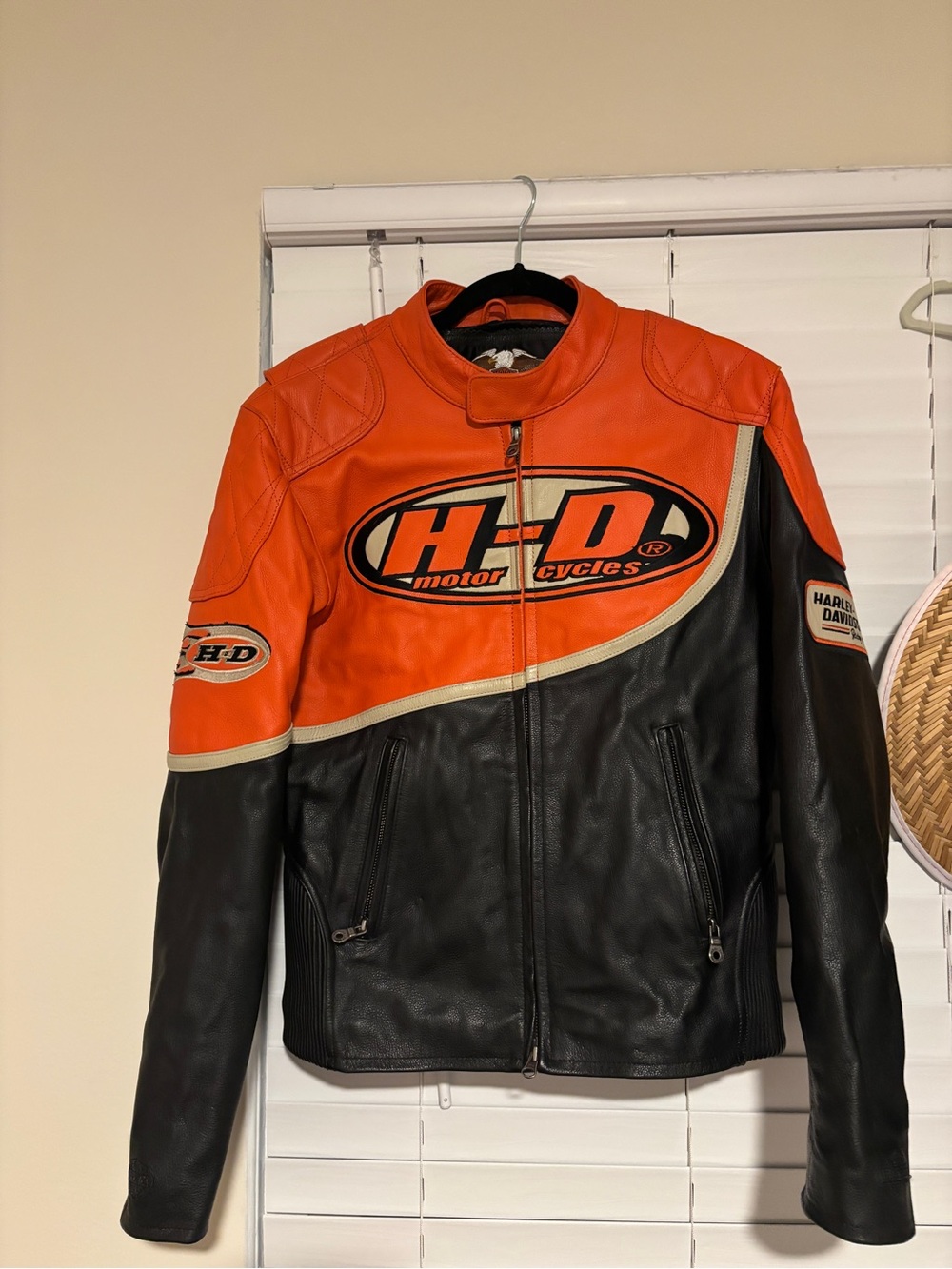 Vintage Harley-Davidson Orange and Black Leather Racing Jacket with HD Logo